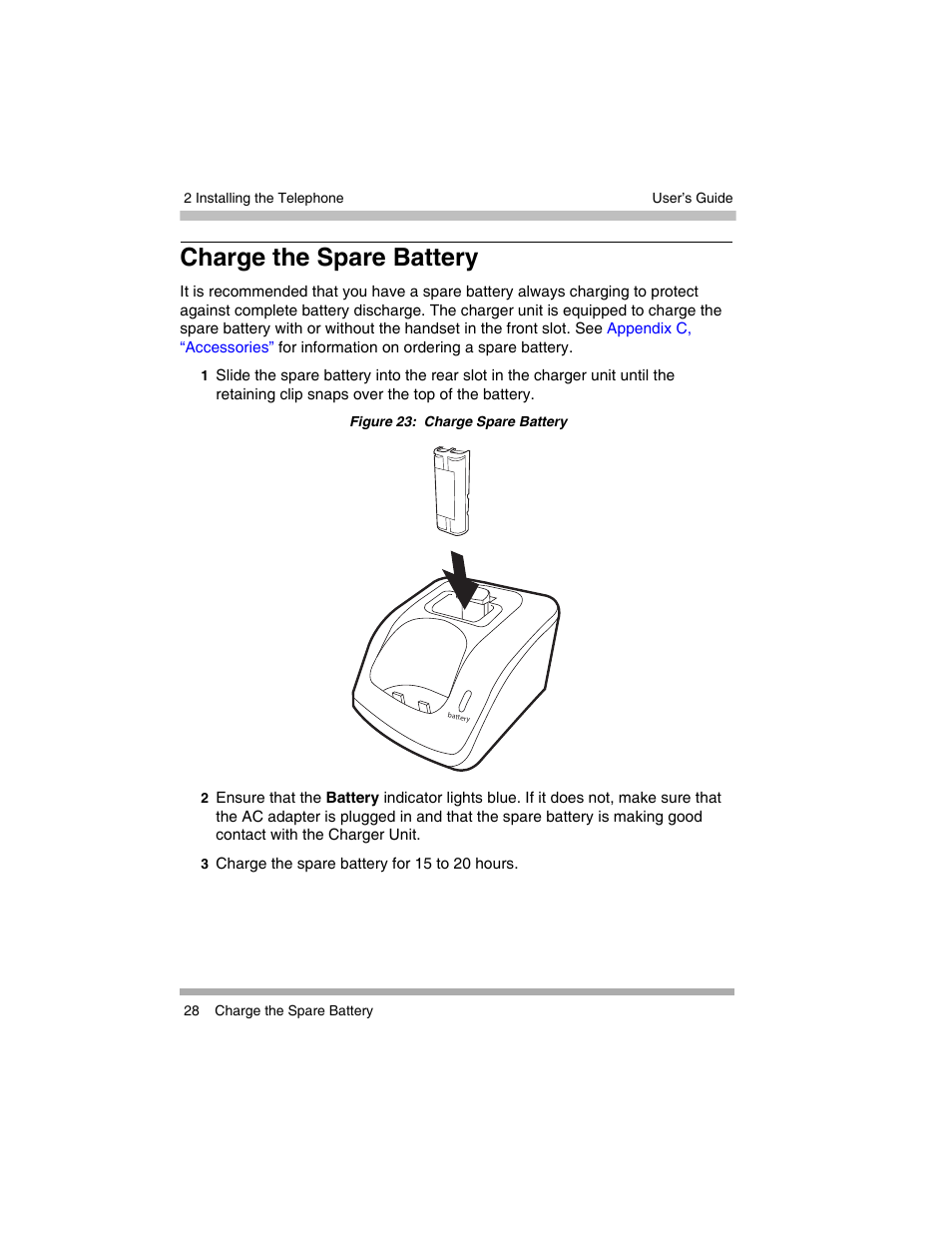 Charge the spare battery | Avaya 3920 Wireless Telephone User Manual | Page 28 / 60