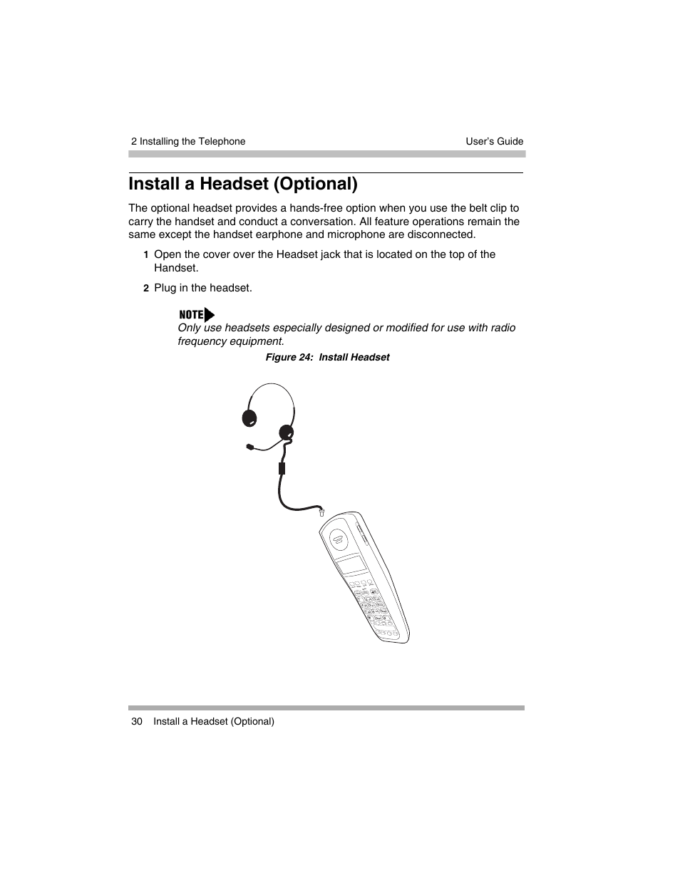 Install a headset (optional), Figure 24: install headset | Avaya 3920 Wireless Telephone User Manual | Page 30 / 60