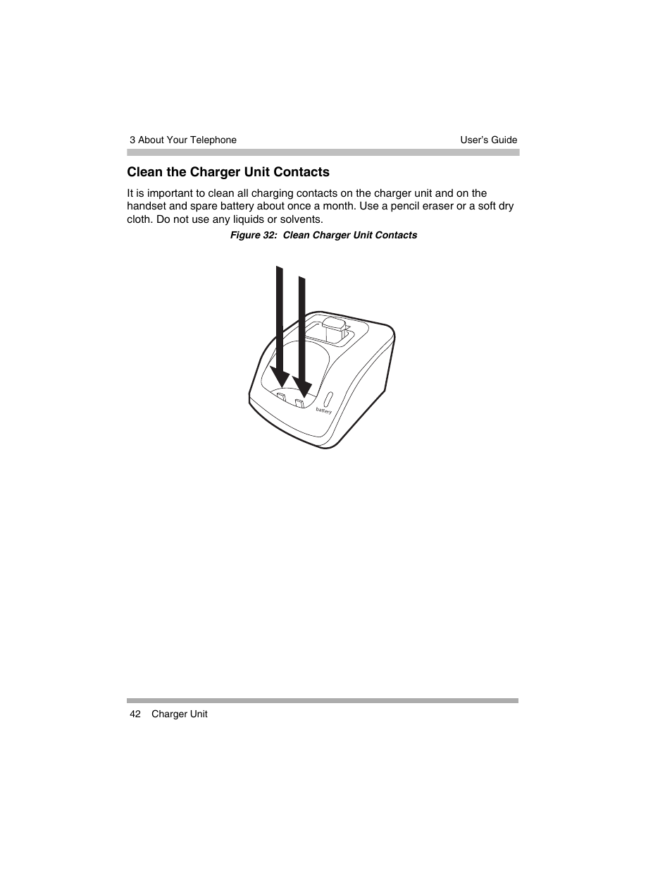 Clean the charger unit contacts | Avaya 3920 Wireless Telephone User Manual | Page 42 / 60