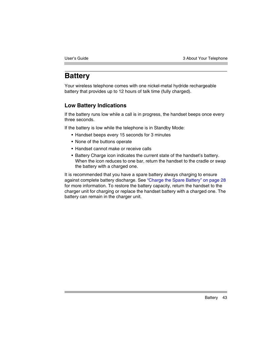 Battery, Low battery indications | Avaya 3920 Wireless Telephone User Manual | Page 43 / 60