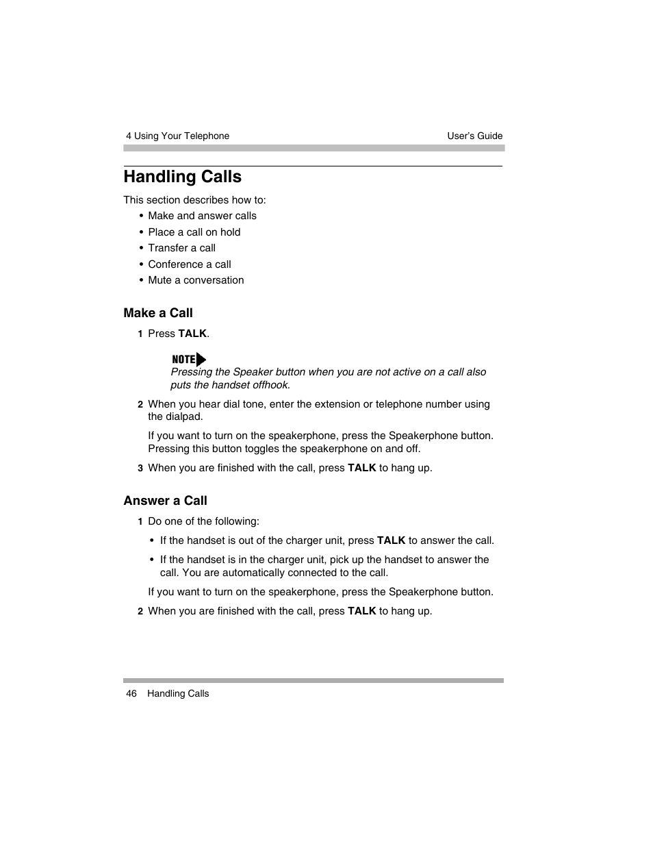 Handling calls, Make a call, Answer a call | Make a call answer a call | Avaya 3920 Wireless Telephone User Manual | Page 46 / 60
