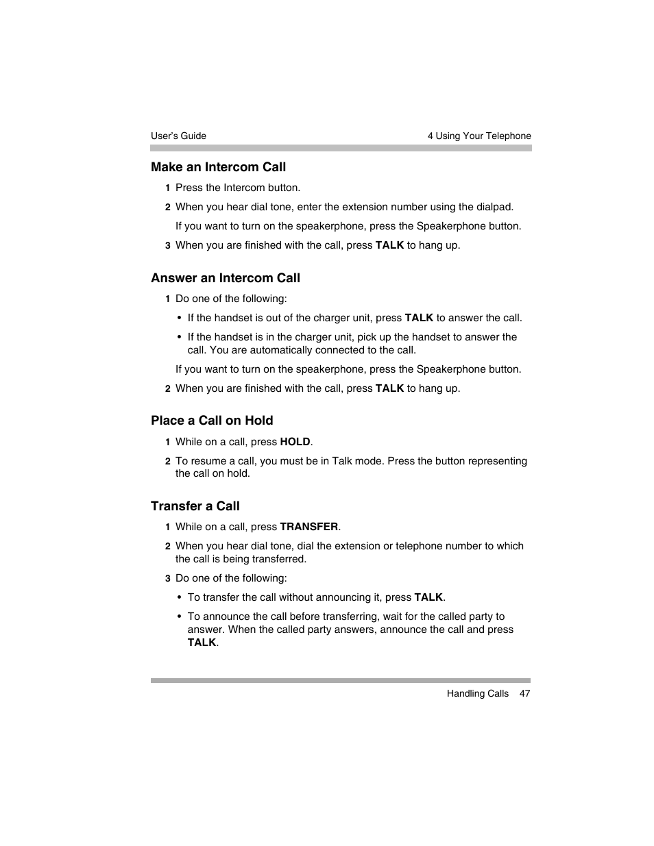 Make an intercom call, Answer an intercom call, Place a call on hold | Transfer a call | Avaya 3920 Wireless Telephone User Manual | Page 47 / 60