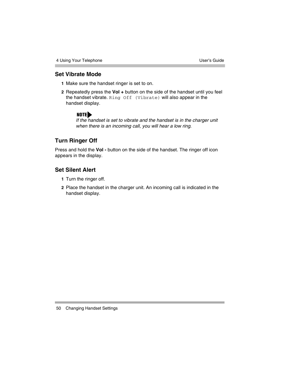 Set vibrate mode, Turn ringer off, Set silent alert | Set vibrate mode turn ringer off set silent alert | Avaya 3920 Wireless Telephone User Manual | Page 50 / 60