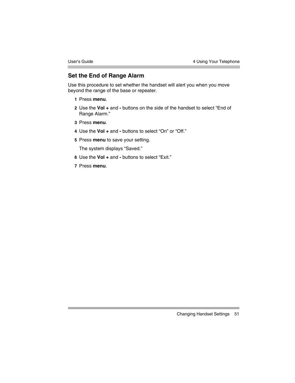 Set the end of range alarm | Avaya 3920 Wireless Telephone User Manual | Page 51 / 60