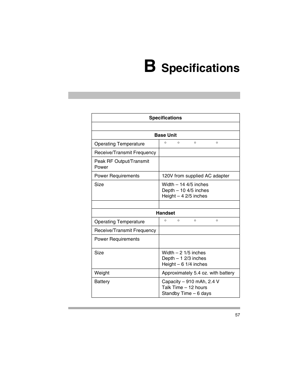 B specifications, Appendix b, “specifications, Specifications | Avaya 3920 Wireless Telephone User Manual | Page 57 / 60