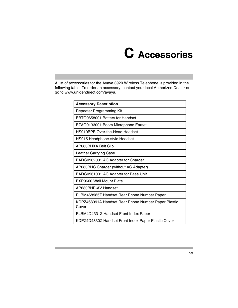 C accessories, Appendix c, “accessories, Appendix c | Accessories | Avaya 3920 Wireless Telephone User Manual | Page 59 / 60