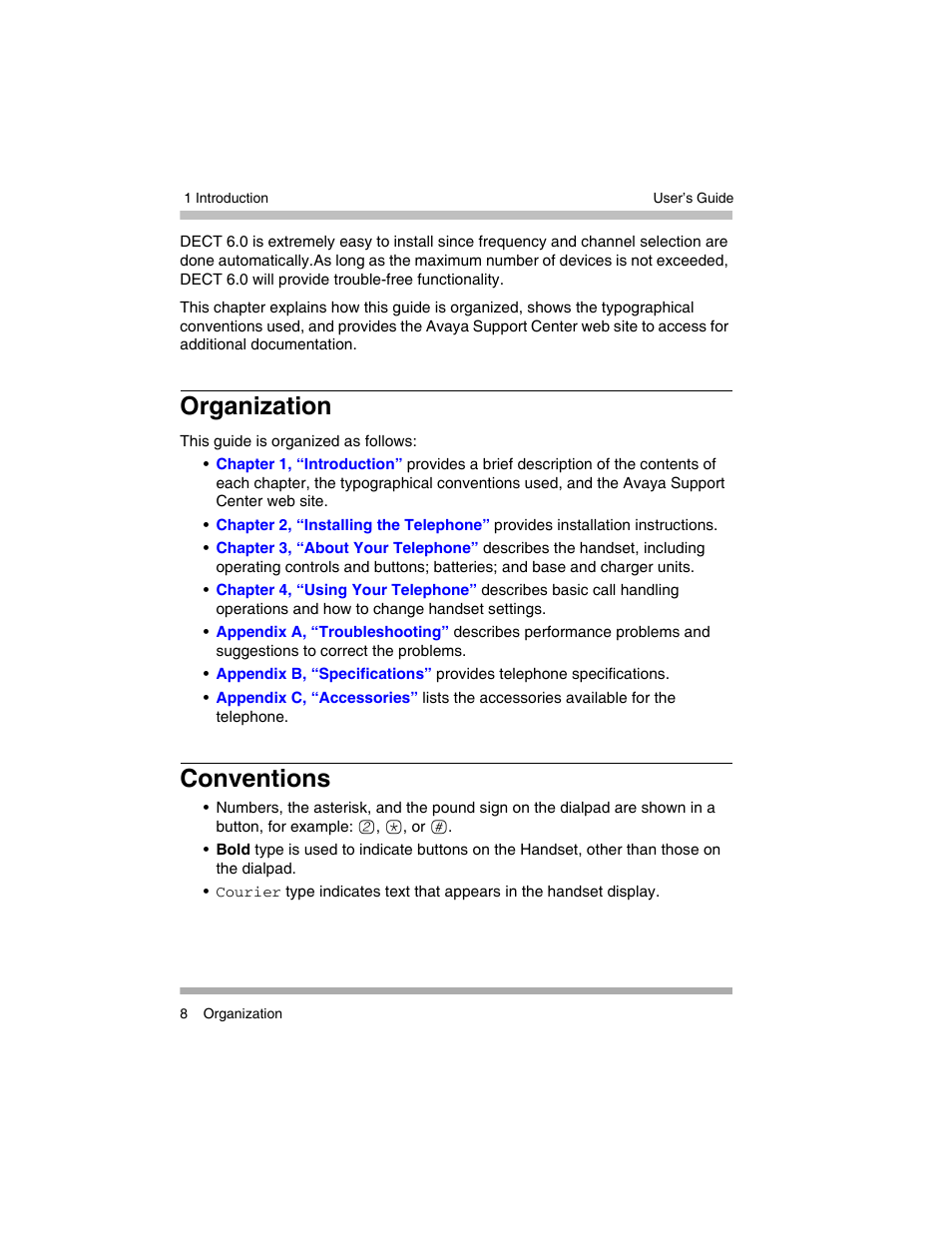 Organization, Conventions, Organization conventions | Avaya 3920 Wireless Telephone User Manual | Page 8 / 60