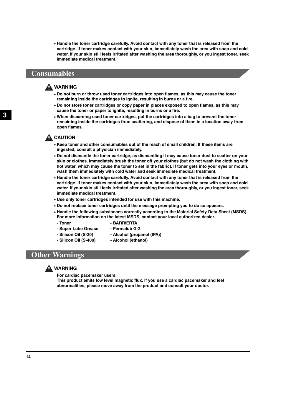 Consumables, Other warnings, Consumables other warnings | Canon IMAGEPRESS C6010VPS User Manual | Page 17 / 33