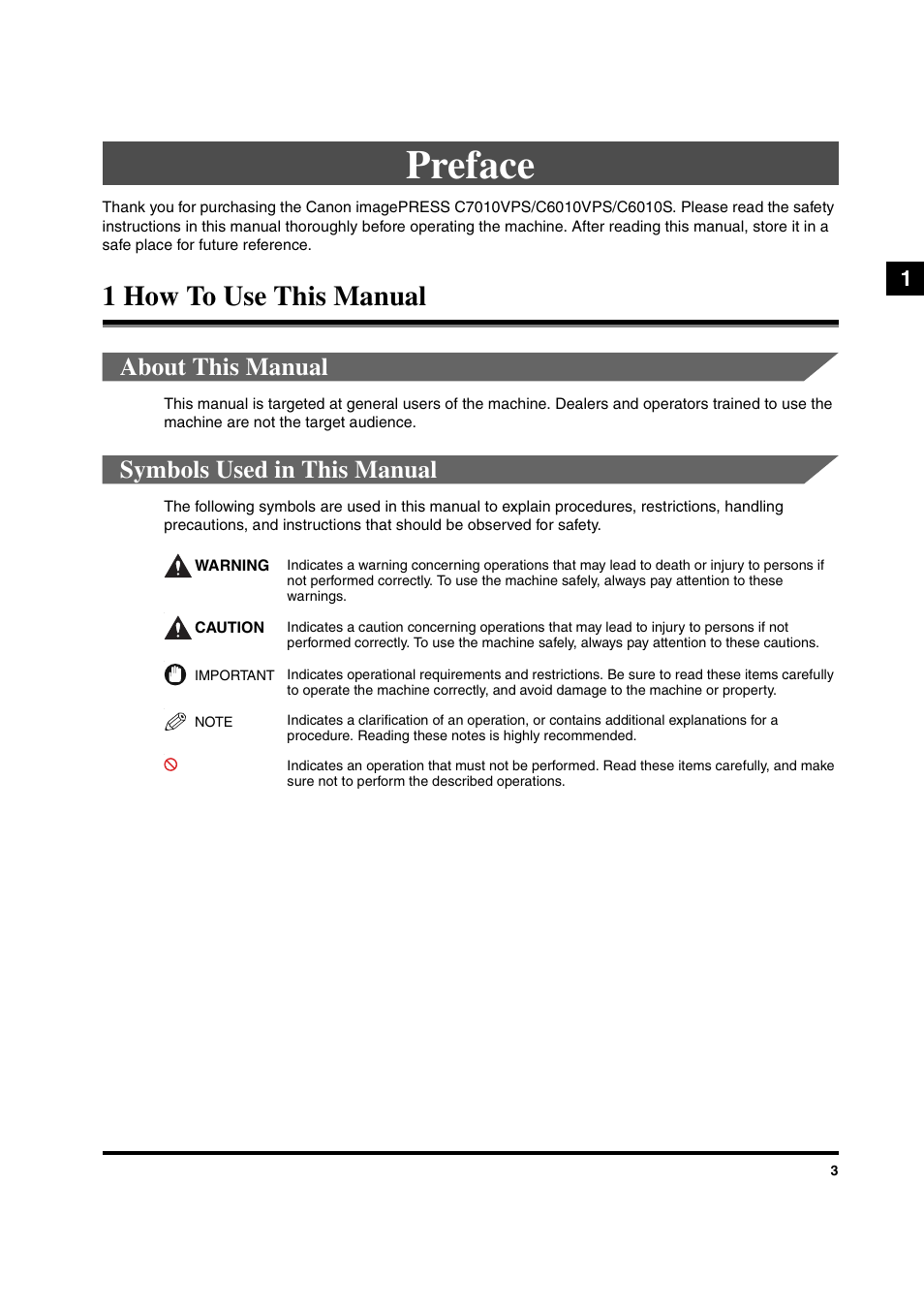 Preface, 1 how to use this manual, About this manual | Symbols used in this manual, About this manual symbols used in this manual | Canon IMAGEPRESS C6010VPS User Manual | Page 6 / 33