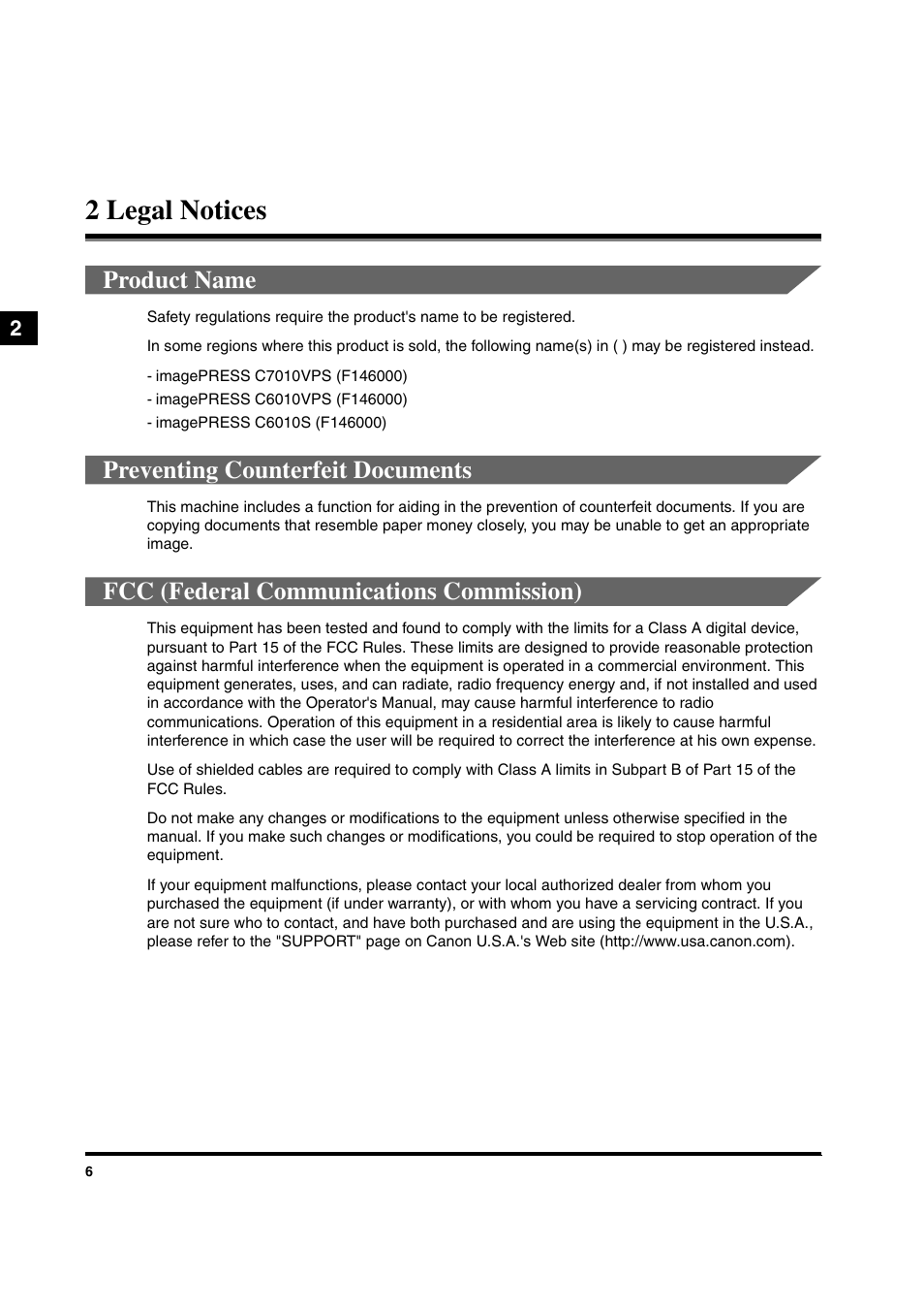 2 legal notices, Product name, Preventing counterfeit documents | Fcc (federal communications commission) | Canon IMAGEPRESS C6010VPS User Manual | Page 9 / 33