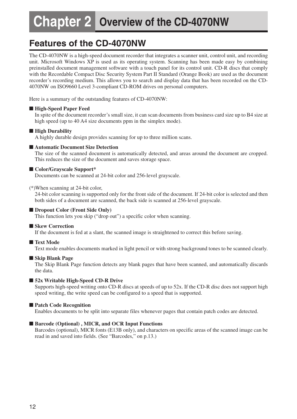 Chapter 2, Overview of the cd-4070nw, Features of the cd-4070nw | Canon CD-4070NW User Manual | Page 17 / 57