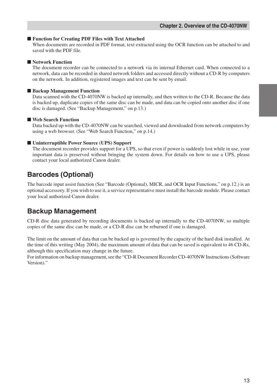 Barcodes (optional), Backup management | Canon CD-4070NW User Manual | Page 18 / 57