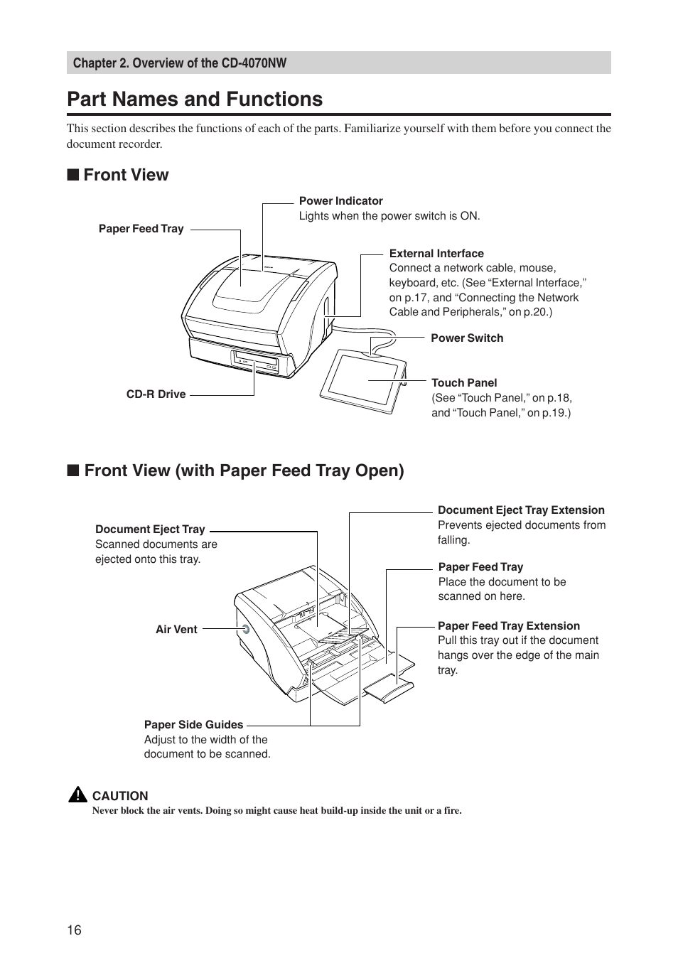 Part names and functions, Front view (with paper feed tray open), Front view | Canon CD-4070NW User Manual | Page 21 / 57