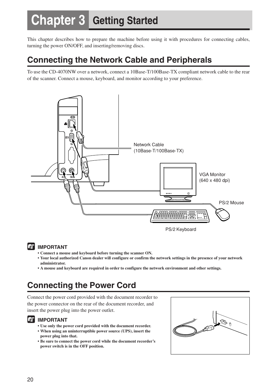 Chapter 3, Getting started, Connecting the network cable and peripherals | Connecting the power cord | Canon CD-4070NW User Manual | Page 25 / 57