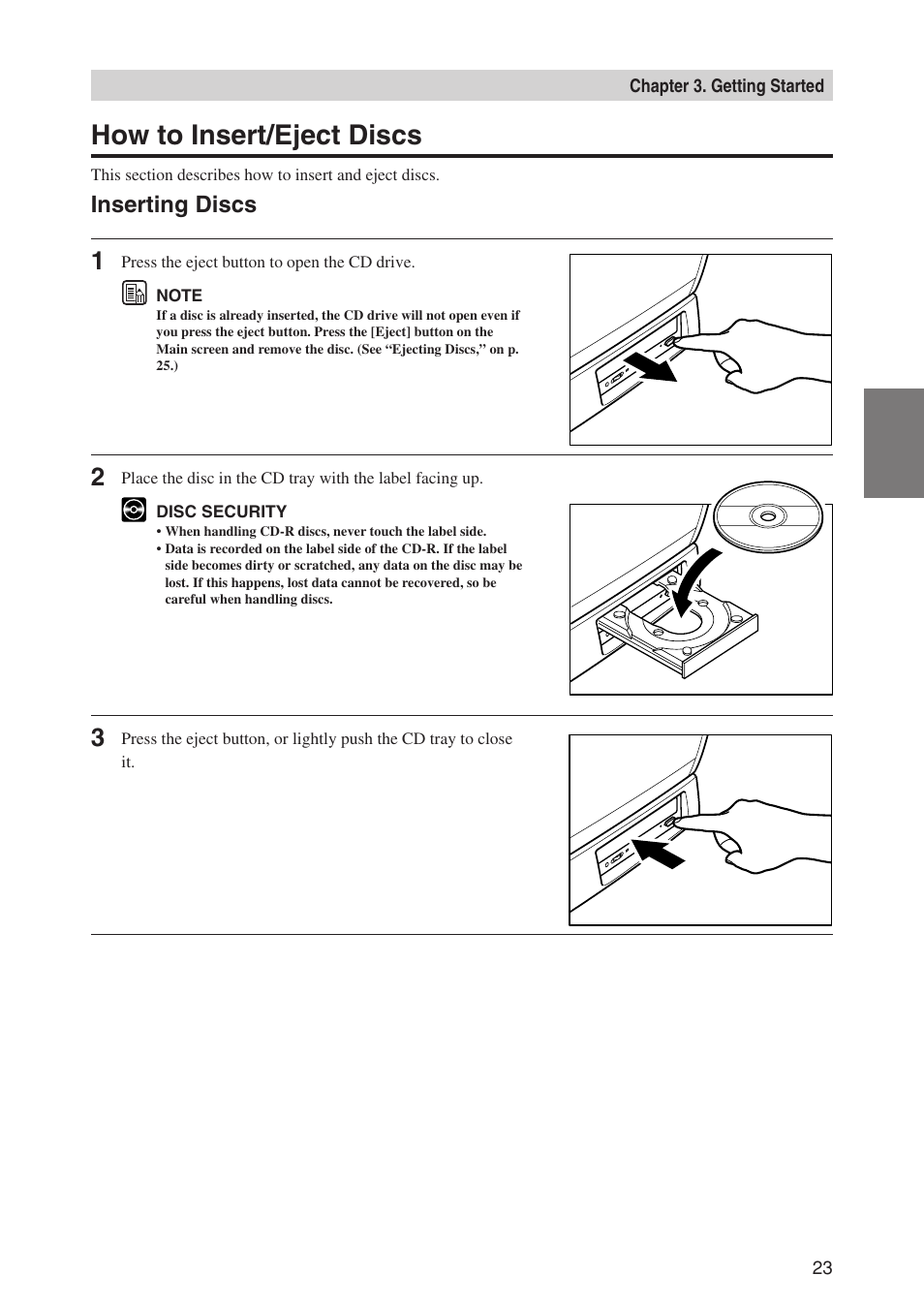 How to insert/eject discs, Inserting discs | Canon CD-4070NW User Manual | Page 28 / 57