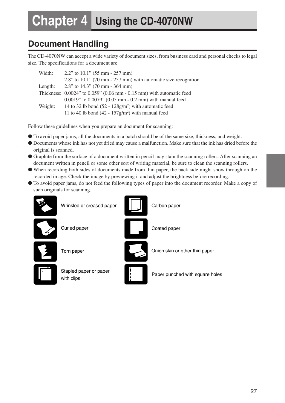 Chapter 4, Using the cd-4070nw, Document handling | Canon CD-4070NW User Manual | Page 32 / 57