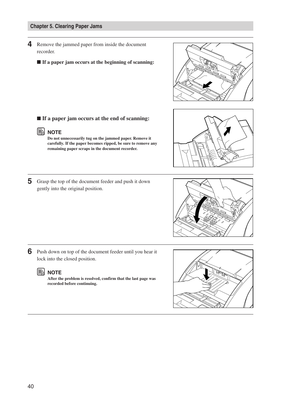 Chapter 5. clearing paper jams 40, If a paper jam occurs at the end of scanning | Canon CD-4070NW User Manual | Page 45 / 57