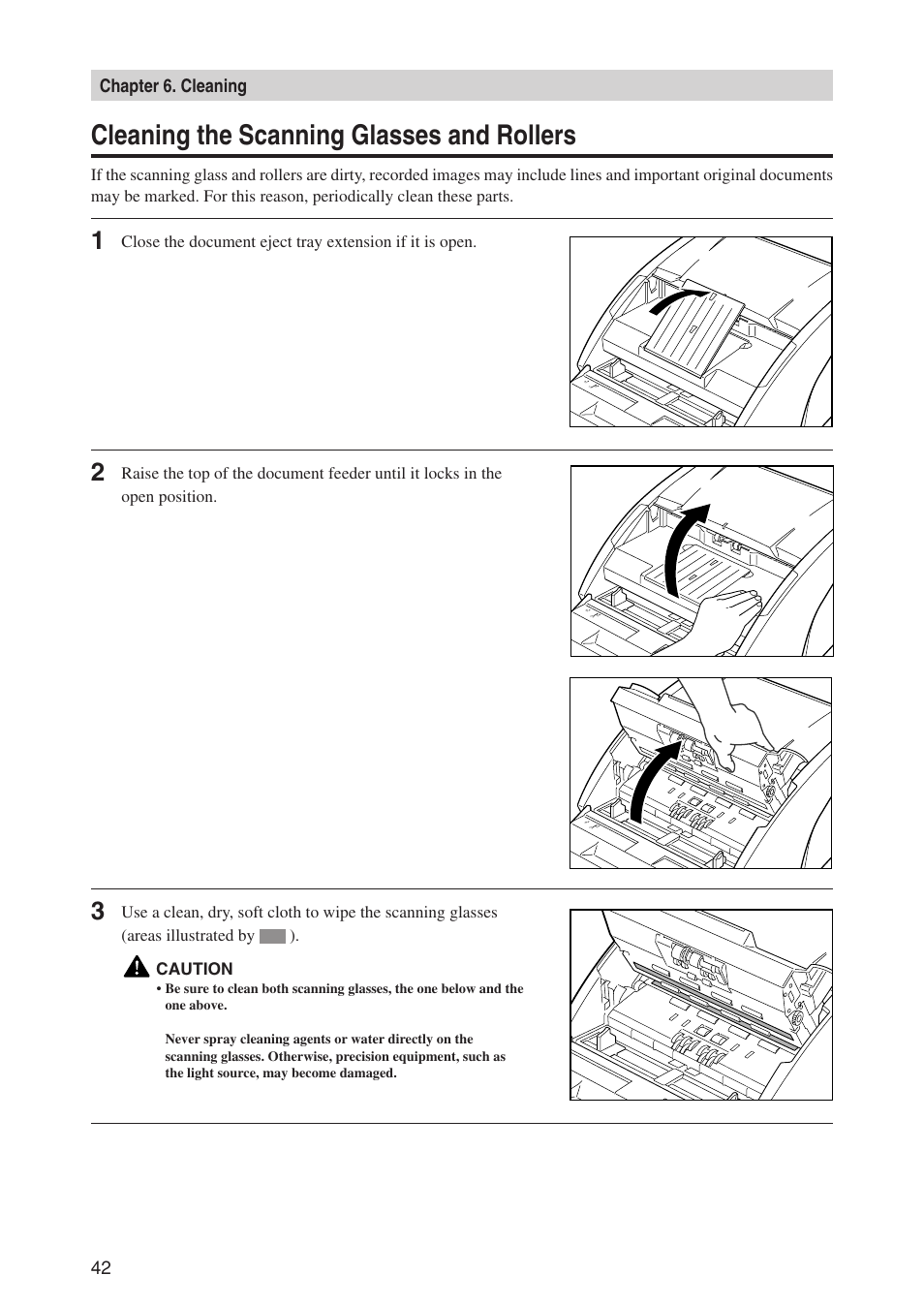 Cleaning the scanning glasses and rollers, Chapter 6. cleaning 42 | Canon CD-4070NW User Manual | Page 47 / 57