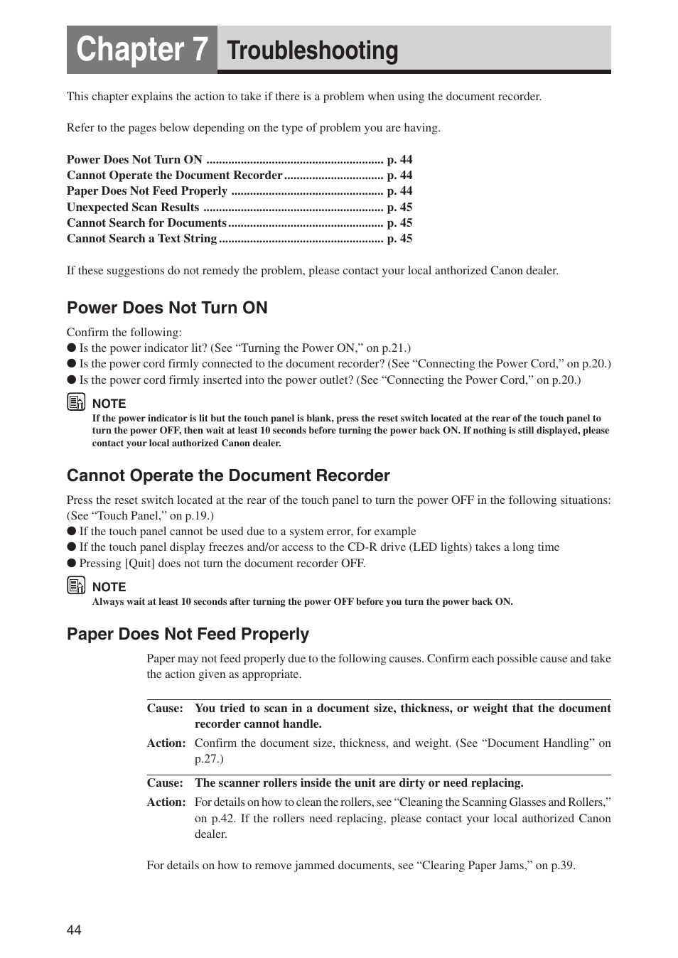 Chapter 7, Troubleshooting, Power does not turn on | Cannot operate the document recorder, Paper does not feed properly | Canon CD-4070NW User Manual | Page 49 / 57