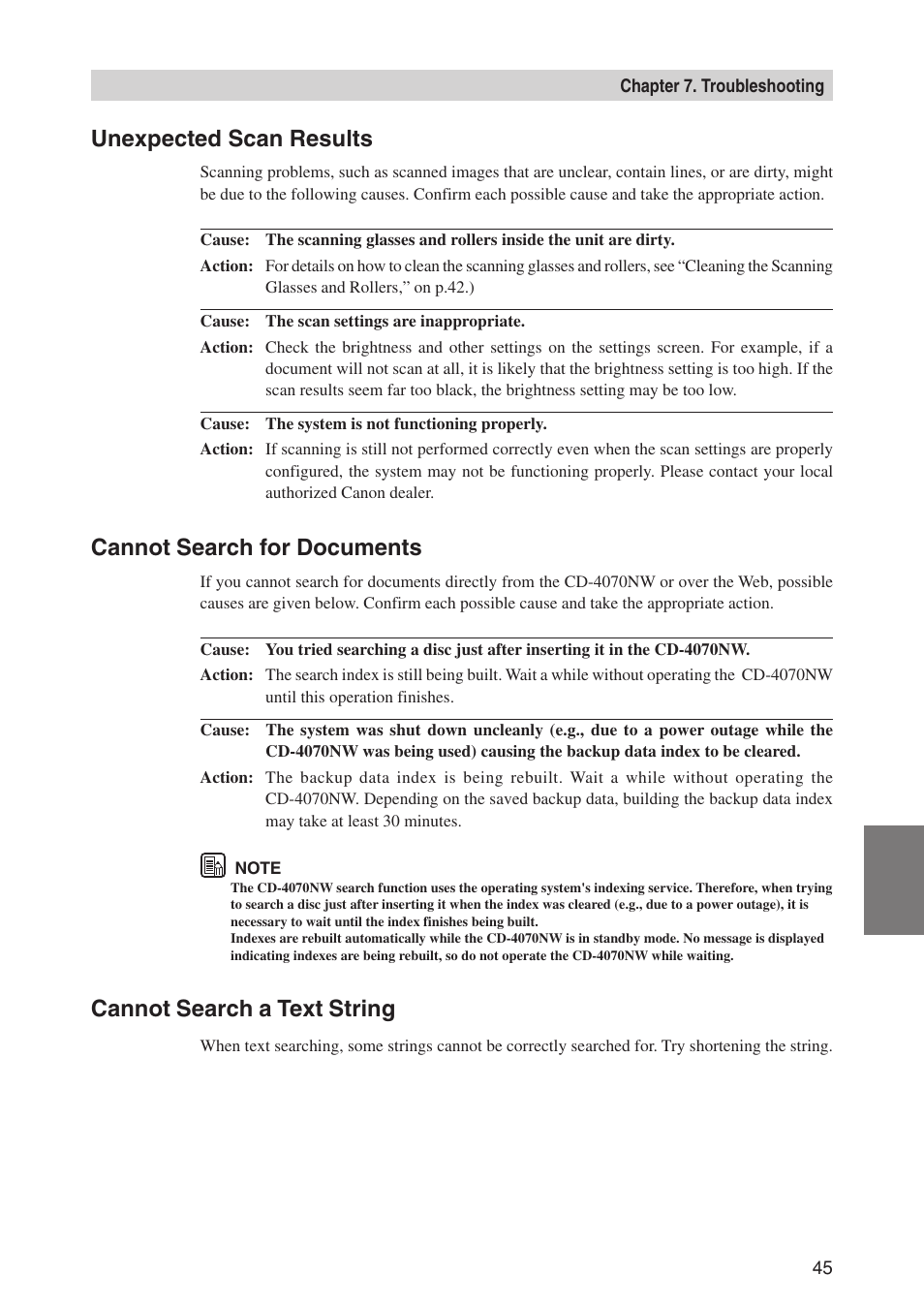 Unexpected scan results, Cannot search for documents, Cannot search a text string | Canon CD-4070NW User Manual | Page 50 / 57