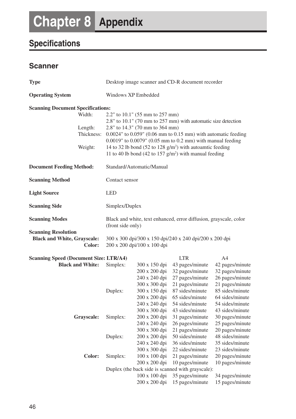 Chapter 8, Appendix, Specifications | Scanner | Canon CD-4070NW User Manual | Page 51 / 57