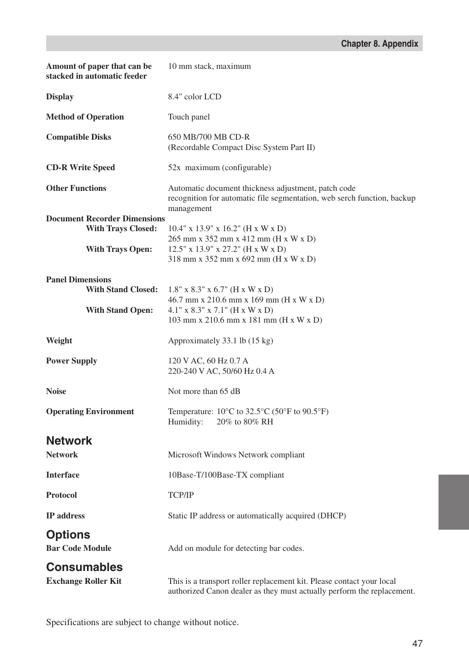 Network, Options, Consumables | Canon CD-4070NW User Manual | Page 52 / 57