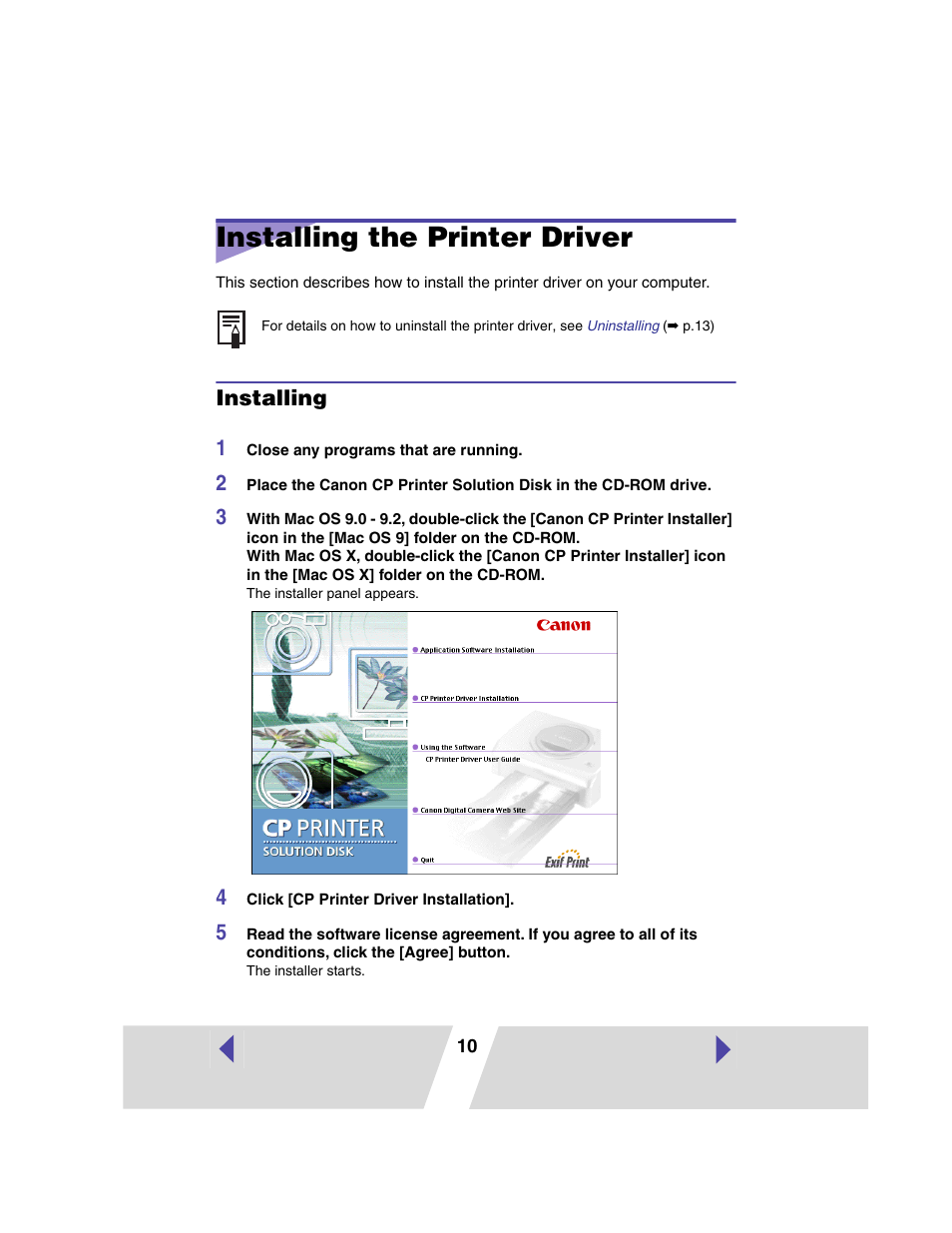 Installing the printer driver, Installing, P.10) in this user guide | Canon PRINTER DRIVER CP-300 User Manual | Page 10 / 61