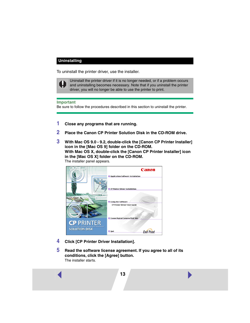 Uninstalling, P.13) | Canon PRINTER DRIVER CP-300 User Manual | Page 13 / 61