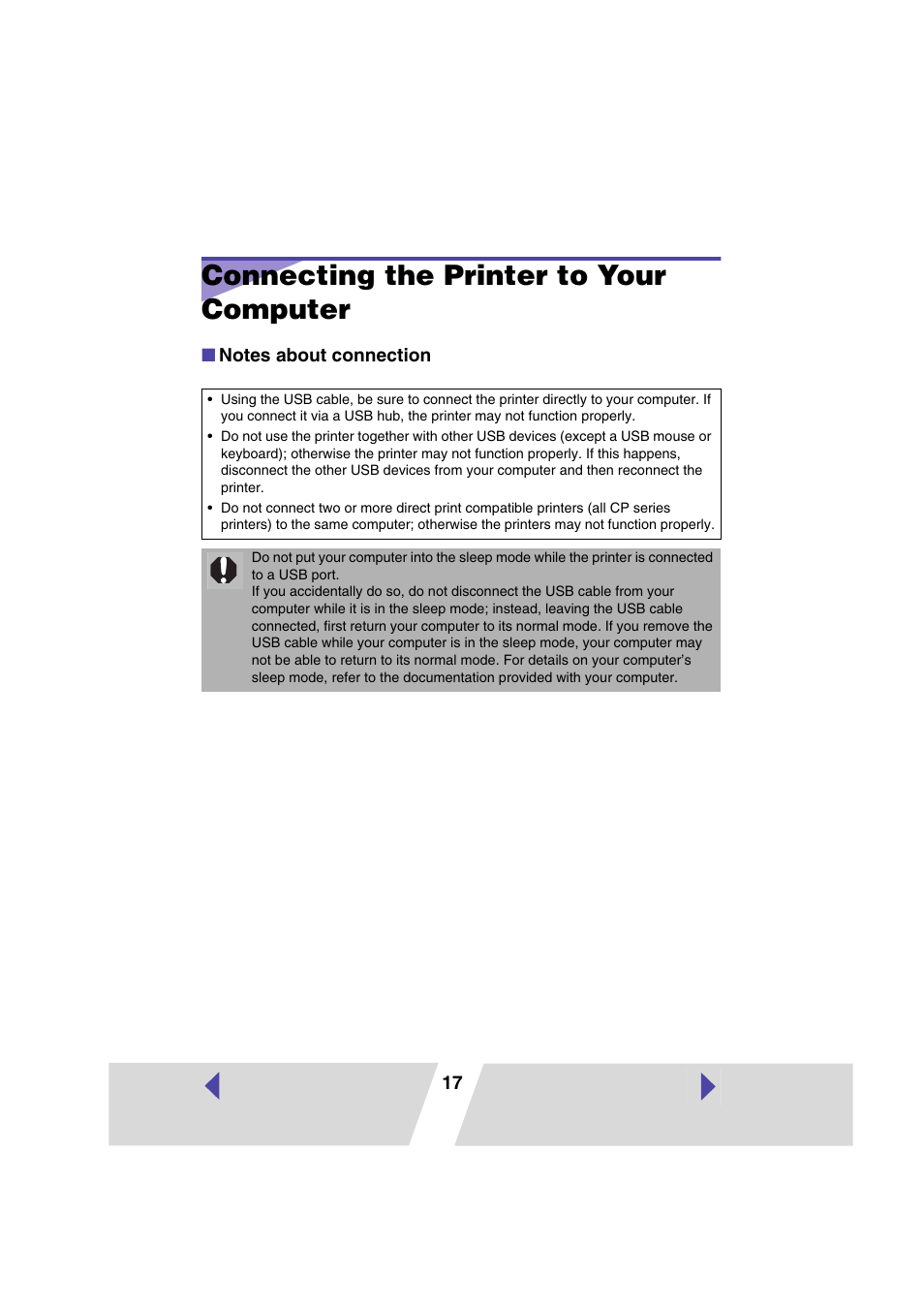 Connecting the printer to your computer, P.17) in this user guide, Connecting the printer to | Your computer, P.17) | Canon PRINTER DRIVER CP-300 User Manual | Page 17 / 61