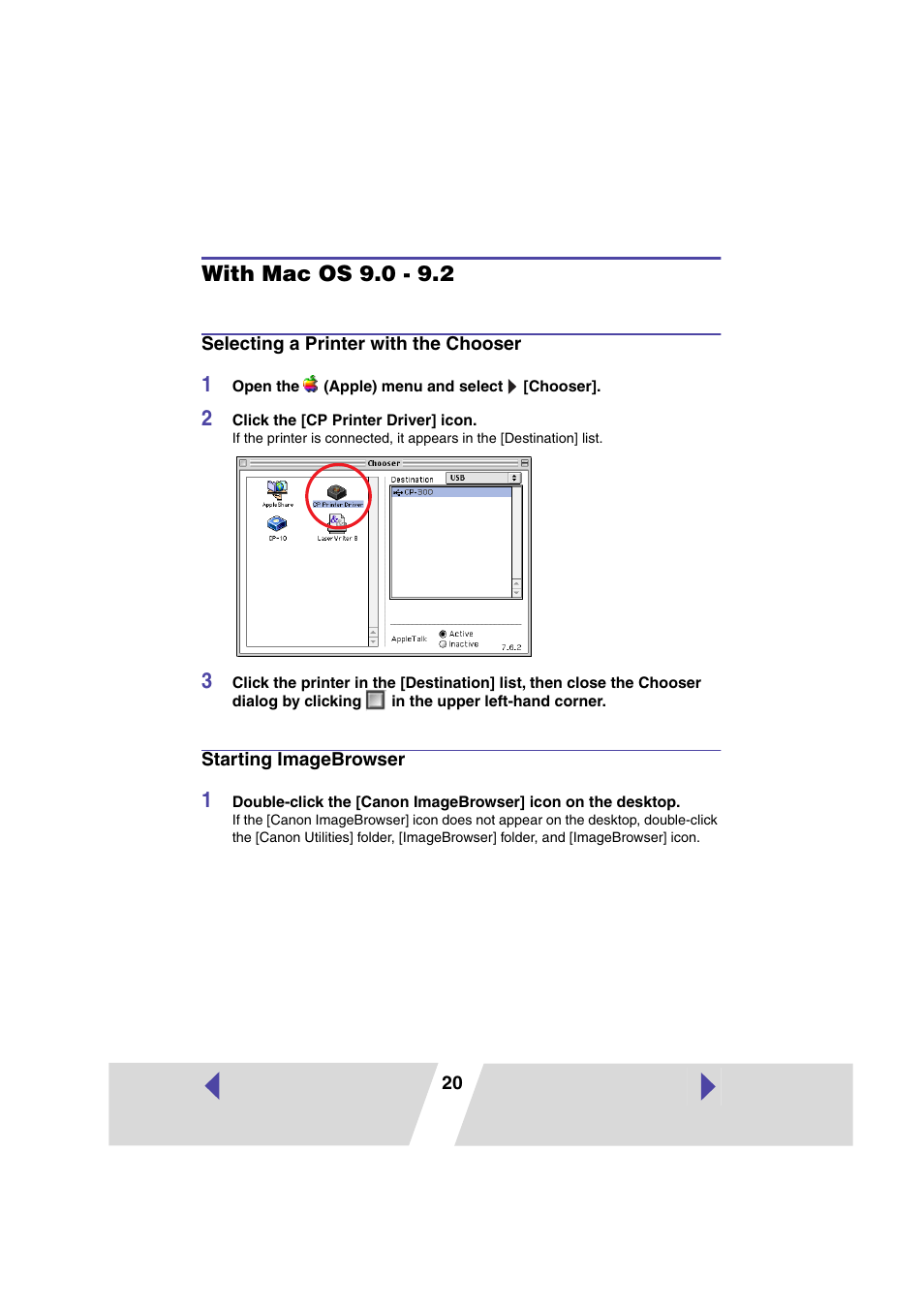 With mac os 9.0 - 9.2, Selecting a printer with the chooser, Starting imagebrowser | Mac os 9.0 - 9.2, P.20, mac os x | Canon PRINTER DRIVER CP-300 User Manual | Page 20 / 61