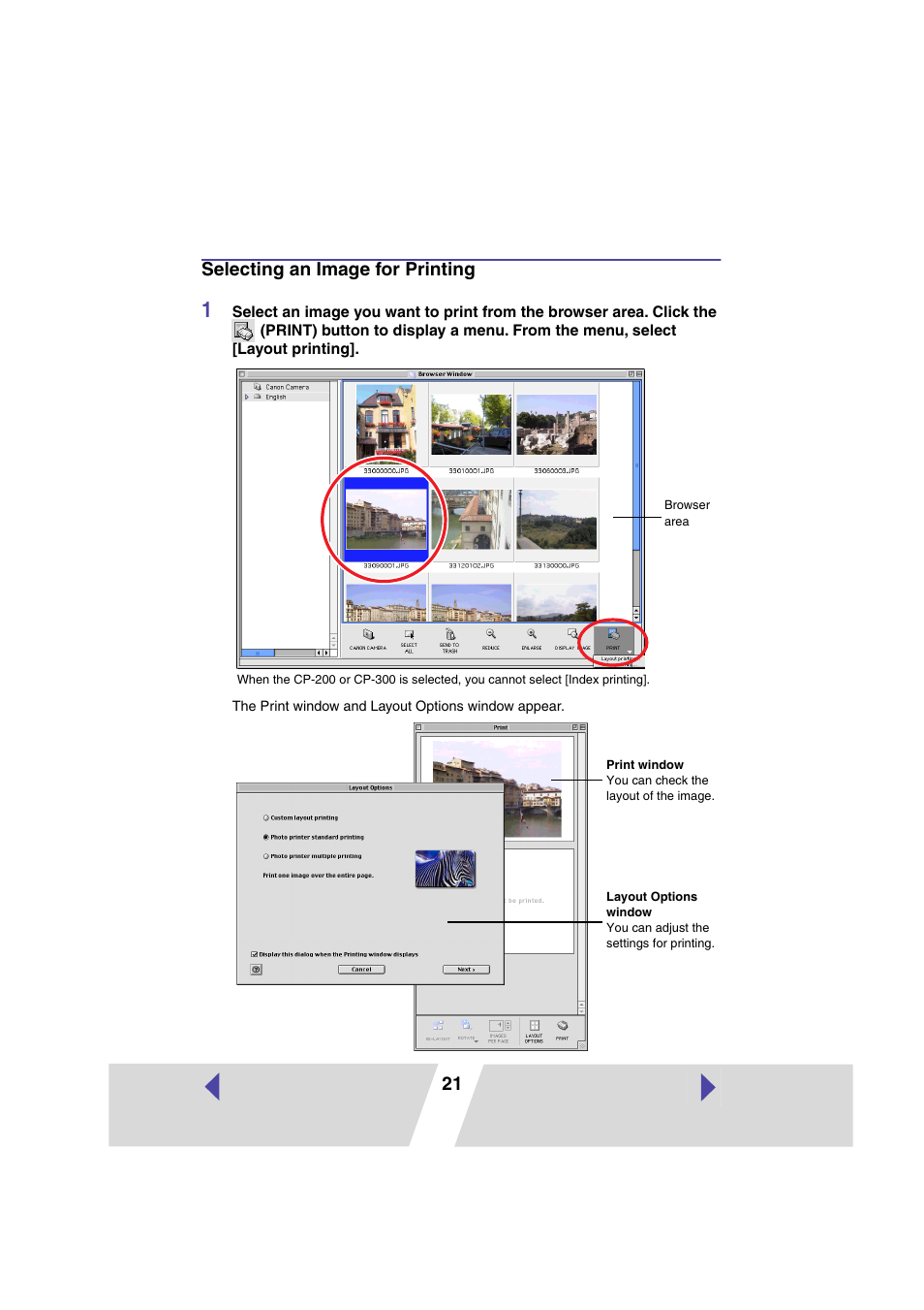 Selecting an image for printing, Mac os 9.0 - 9.2, P.21, mac os x | 21 selecting an image for printing | Canon PRINTER DRIVER CP-300 User Manual | Page 21 / 61