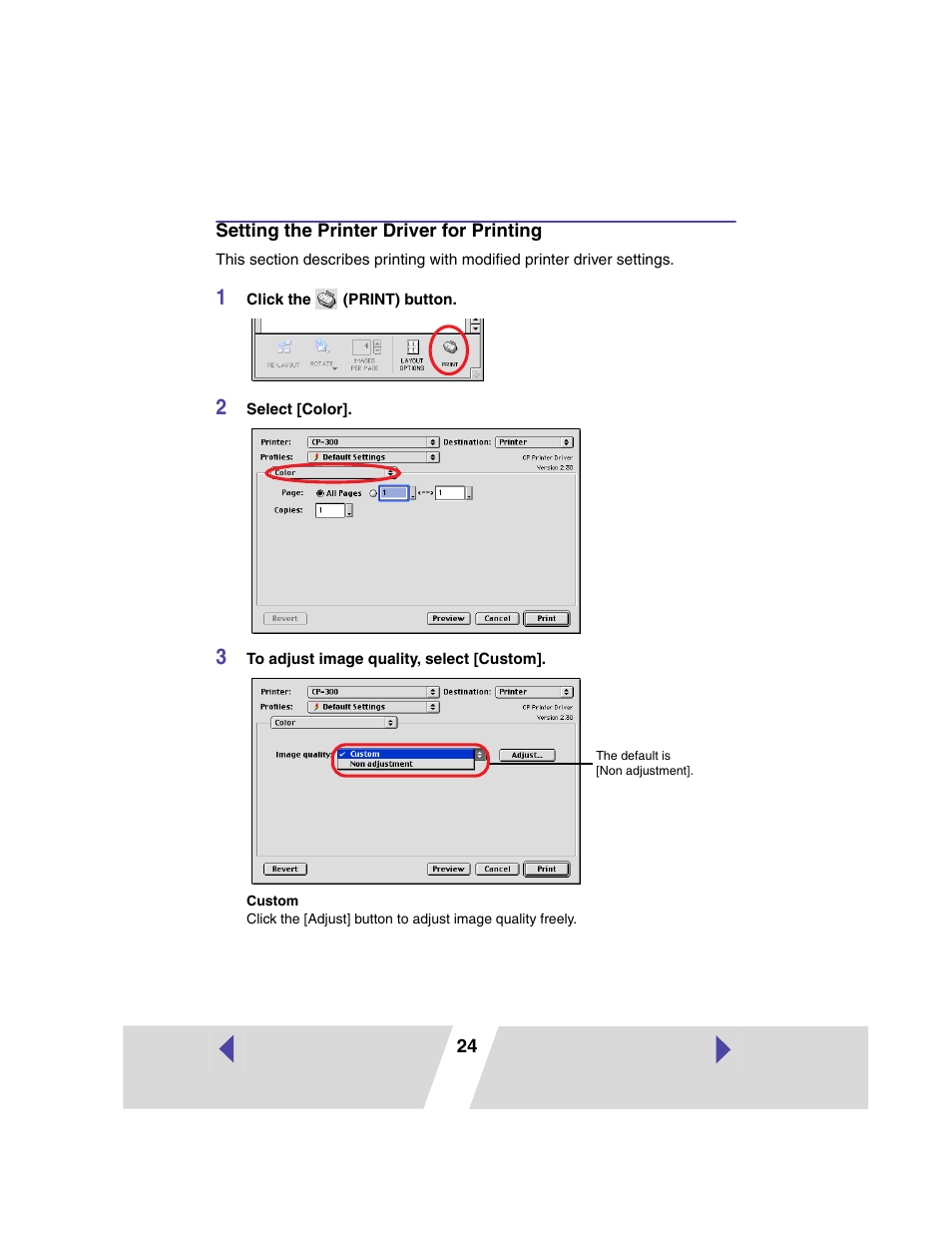 Setting the printer driver for printing, P.24, mac os x | Canon PRINTER DRIVER CP-300 User Manual | Page 24 / 61