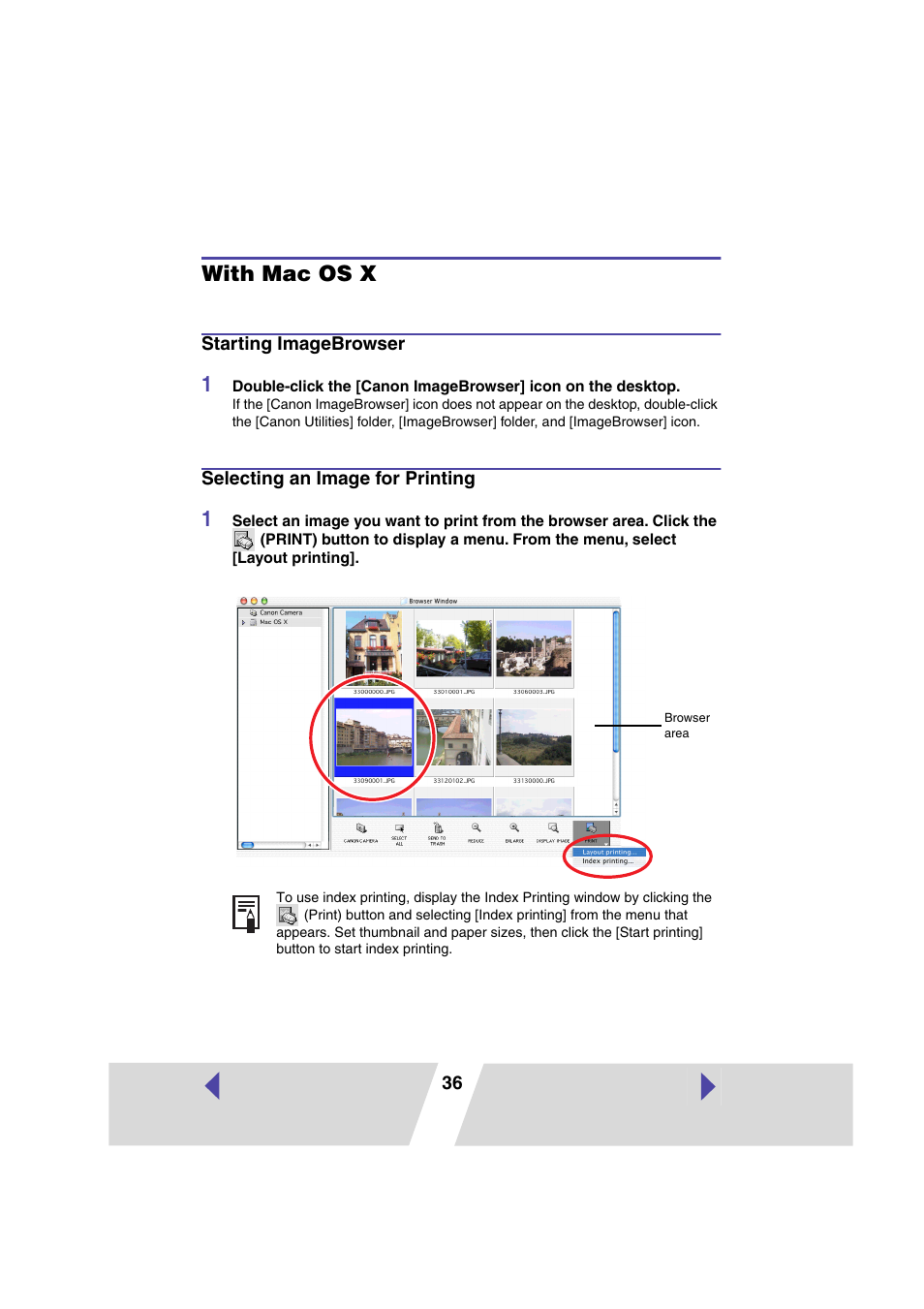 With mac os x, Starting imagebrowser, Selecting an image for printing | P.36) | Canon PRINTER DRIVER CP-300 User Manual | Page 36 / 61