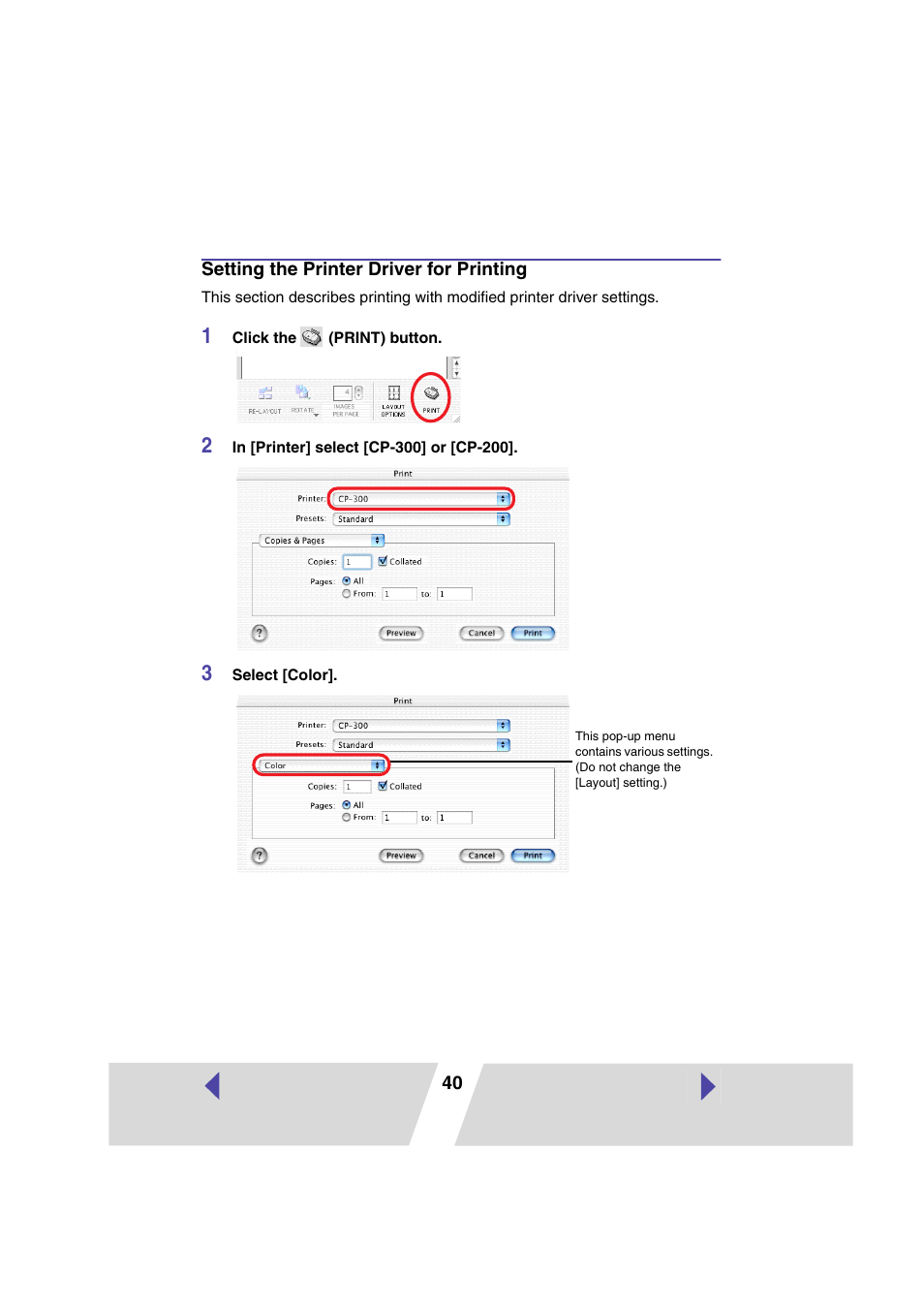 Setting the printer driver for printing, P.40) | Canon PRINTER DRIVER CP-300 User Manual | Page 40 / 61