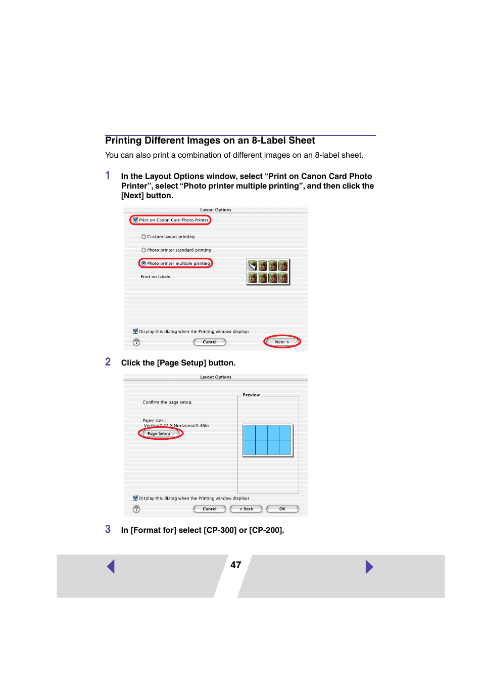 Printing different images on an 8-label sheet, P.47) in this user guide, Or see | P.47) | Canon PRINTER DRIVER CP-300 User Manual | Page 47 / 61