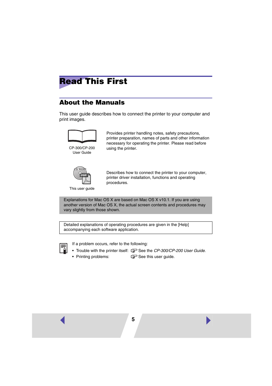 Read this first, About the manuals | Canon PRINTER DRIVER CP-300 User Manual | Page 5 / 61