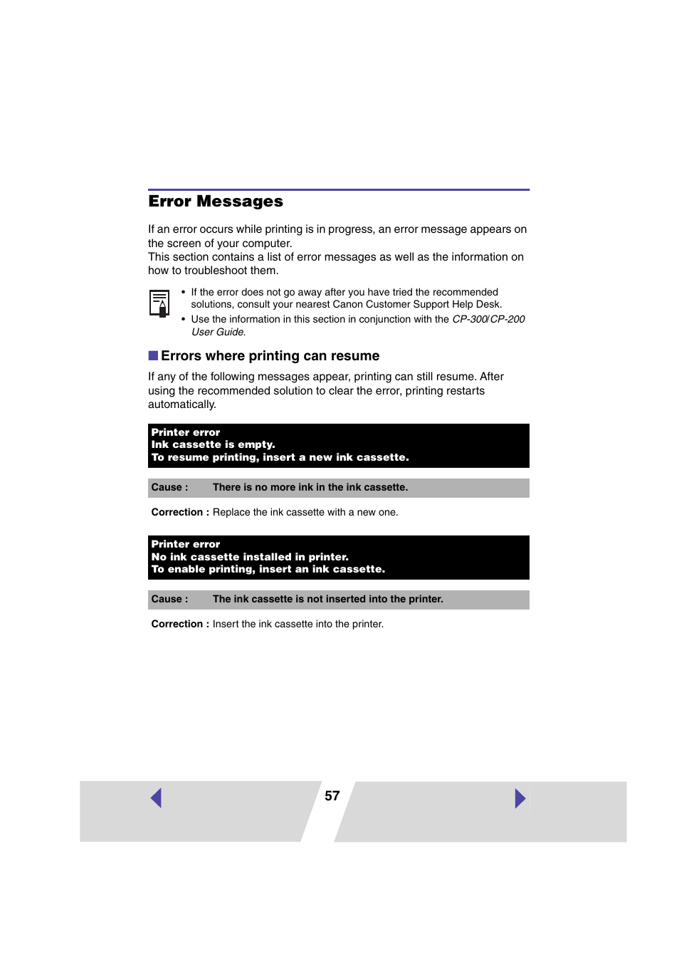 Error messages, Errors where printing can resume | Canon PRINTER DRIVER CP-300 User Manual | Page 57 / 61