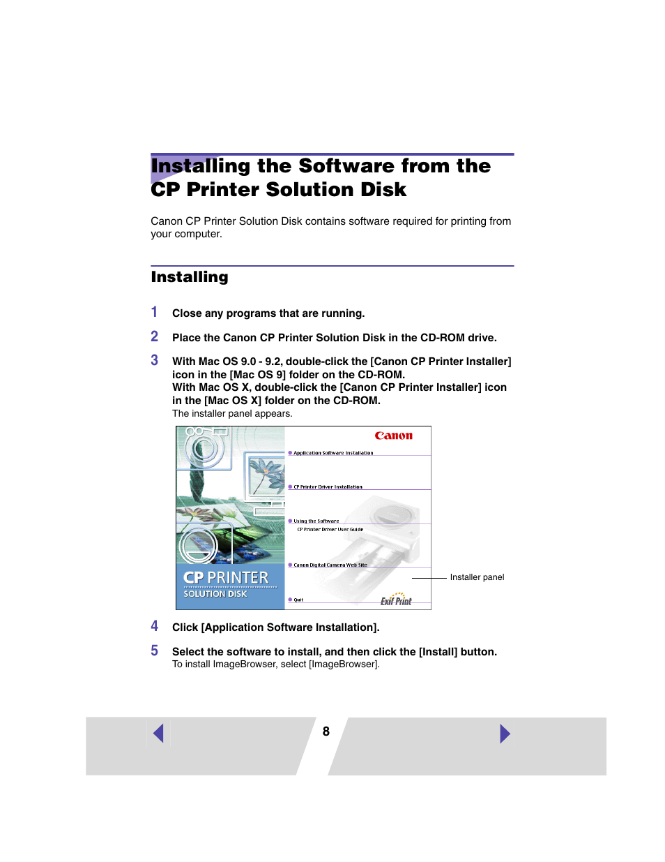 Installing, P.8) | Canon PRINTER DRIVER CP-300 User Manual | Page 8 / 61