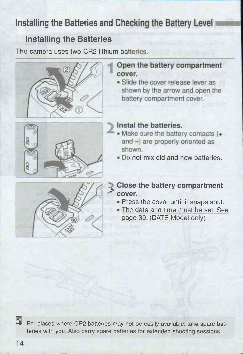 Installing the batteries, Battery, Installing the batteries and checking the | Level i installing the batteries | Canon Rebel Ti 300V User Manual | Page 14 / 60