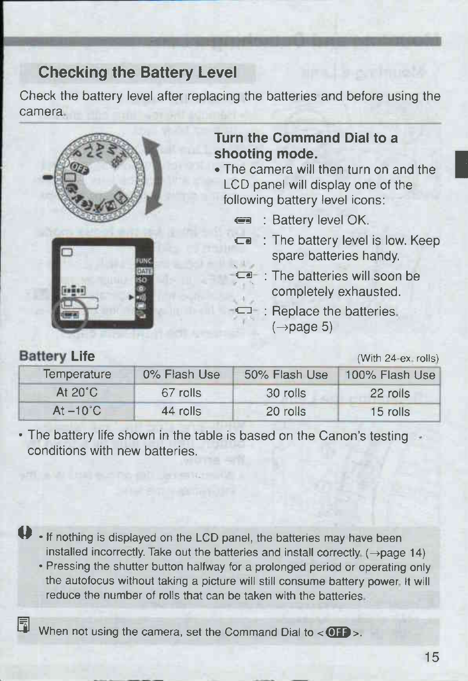 Checking the battery level, Turn the command dial to a shooting mode, Battery life | With 24-ex rolis) | Canon Rebel Ti 300V User Manual | Page 15 / 60