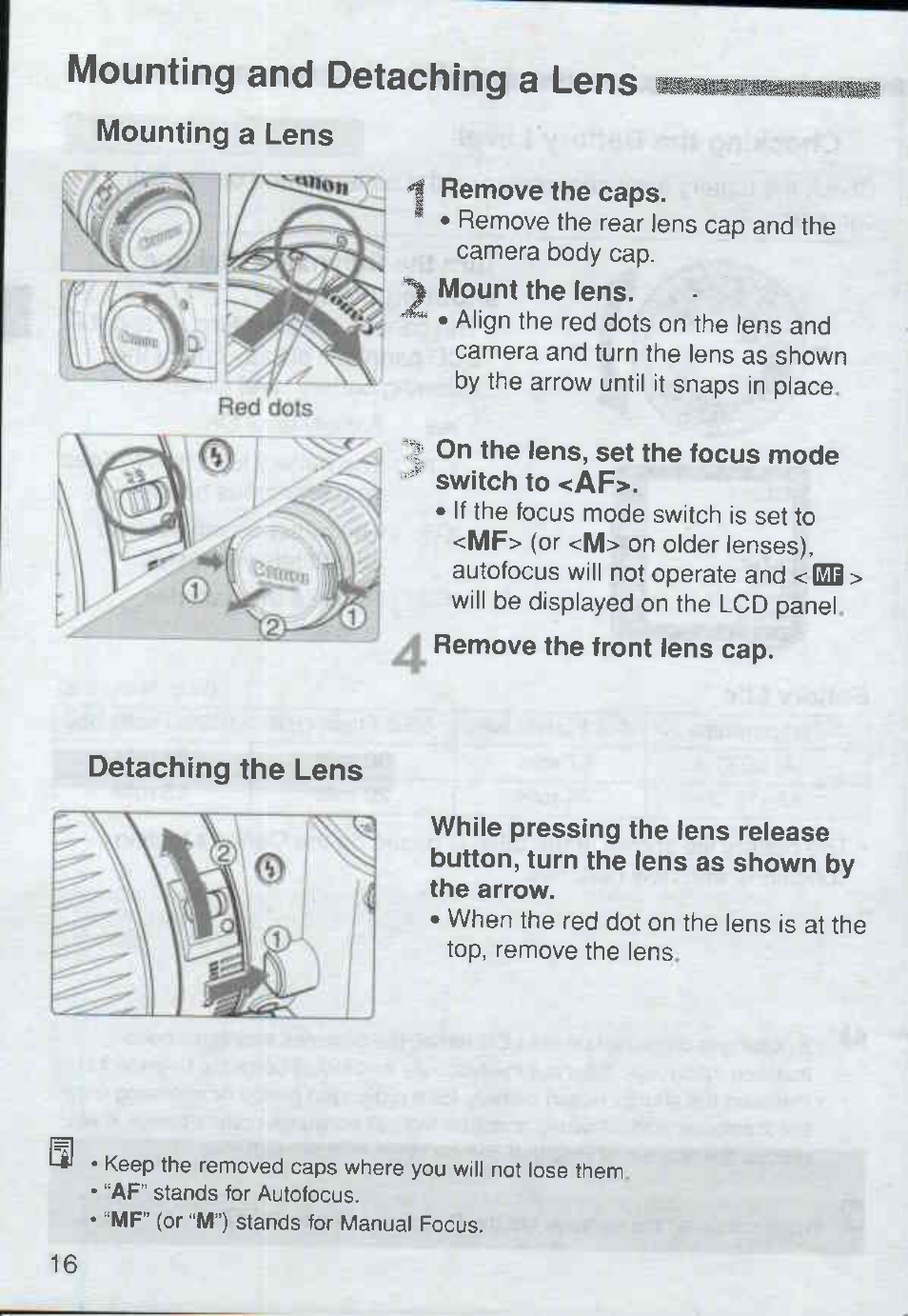 Mounting and detaching a lens, Mounting a lens, Remove the caps | On the lens, set the focus mode, Detaching the lens | Canon Rebel Ti 300V User Manual | Page 16 / 60