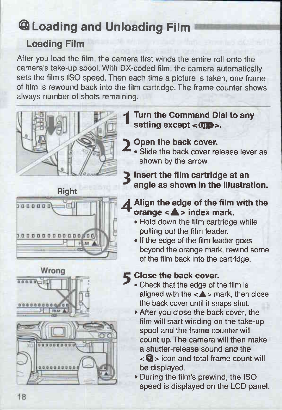 Loading and unloading film, Loading film, 4 turn the command dial to any * setting except | Y open the back cover, Close the back cover | Canon Rebel Ti 300V User Manual | Page 18 / 60