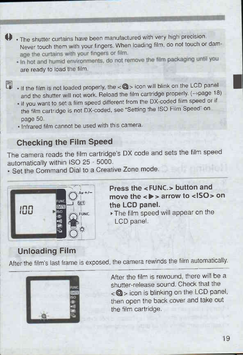 Checking the film speed, Unloading film | Canon Rebel Ti 300V User Manual | Page 19 / 60