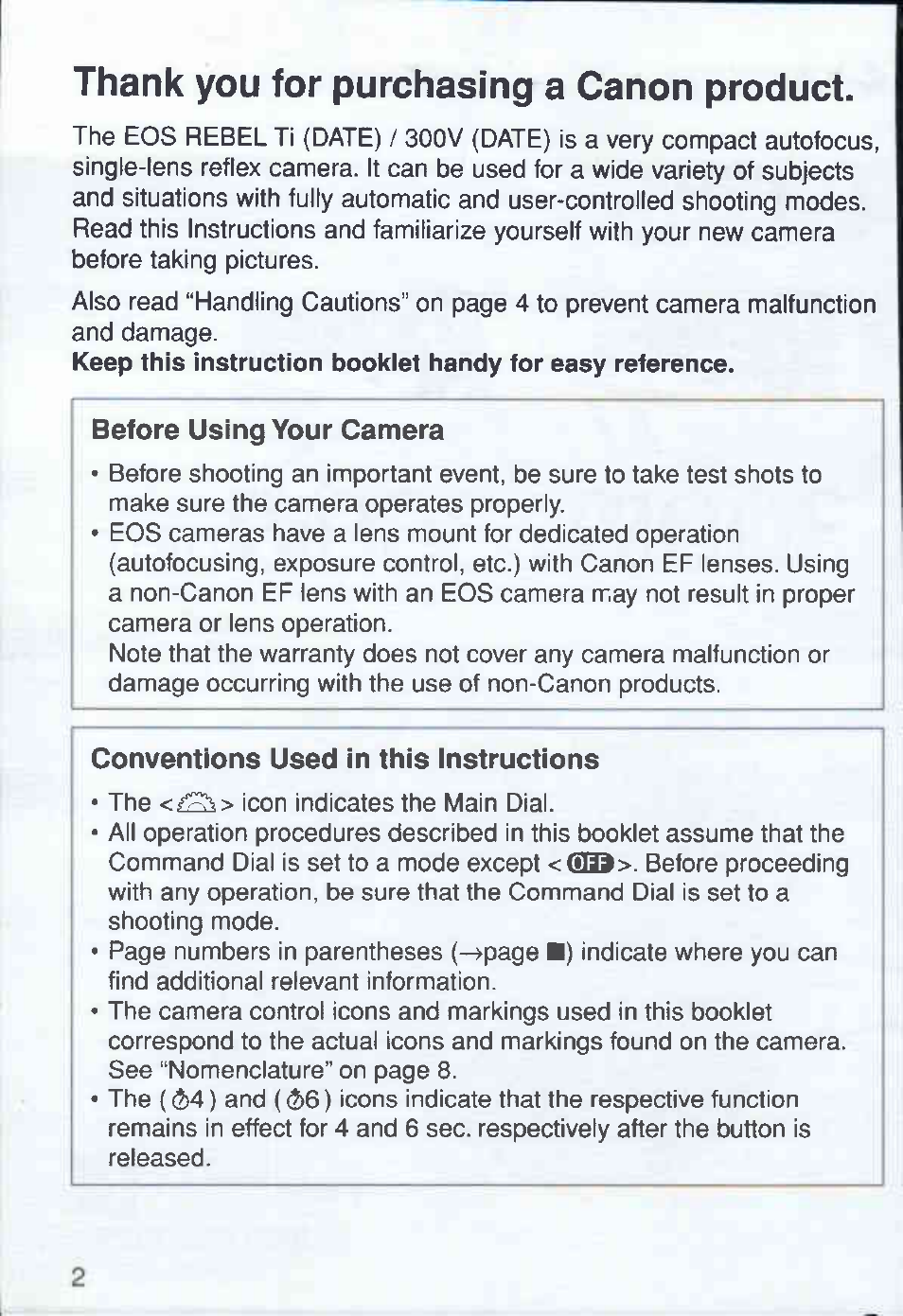 Thank you for purchasing a canon product, Before using your camera, Conventions used in this instructions | Canon Rebel Ti 300V User Manual | Page 2 / 60