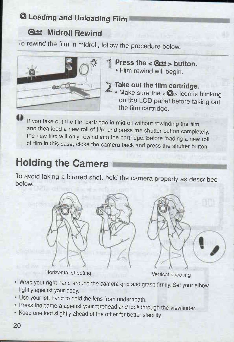 Loading and unloading film i, Midroll rewind, Iil- "i press the < 0« > button | Take out the film cartridge, Holding the camera a, 0a midroll rewind | Canon Rebel Ti 300V User Manual | Page 20 / 60