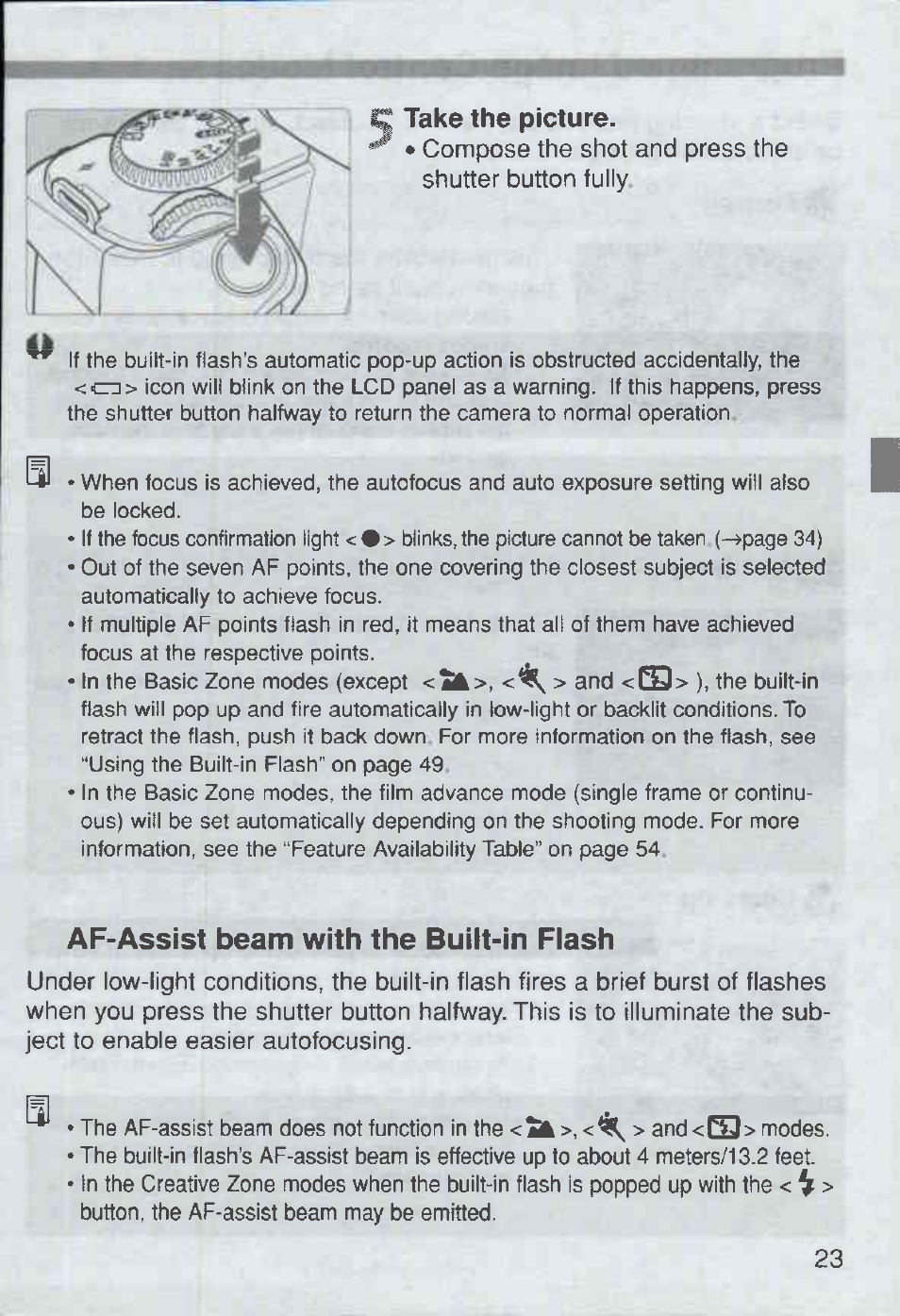 Take the picture, Af-assist beam with the built-in flash | Canon Rebel Ti 300V User Manual | Page 23 / 60