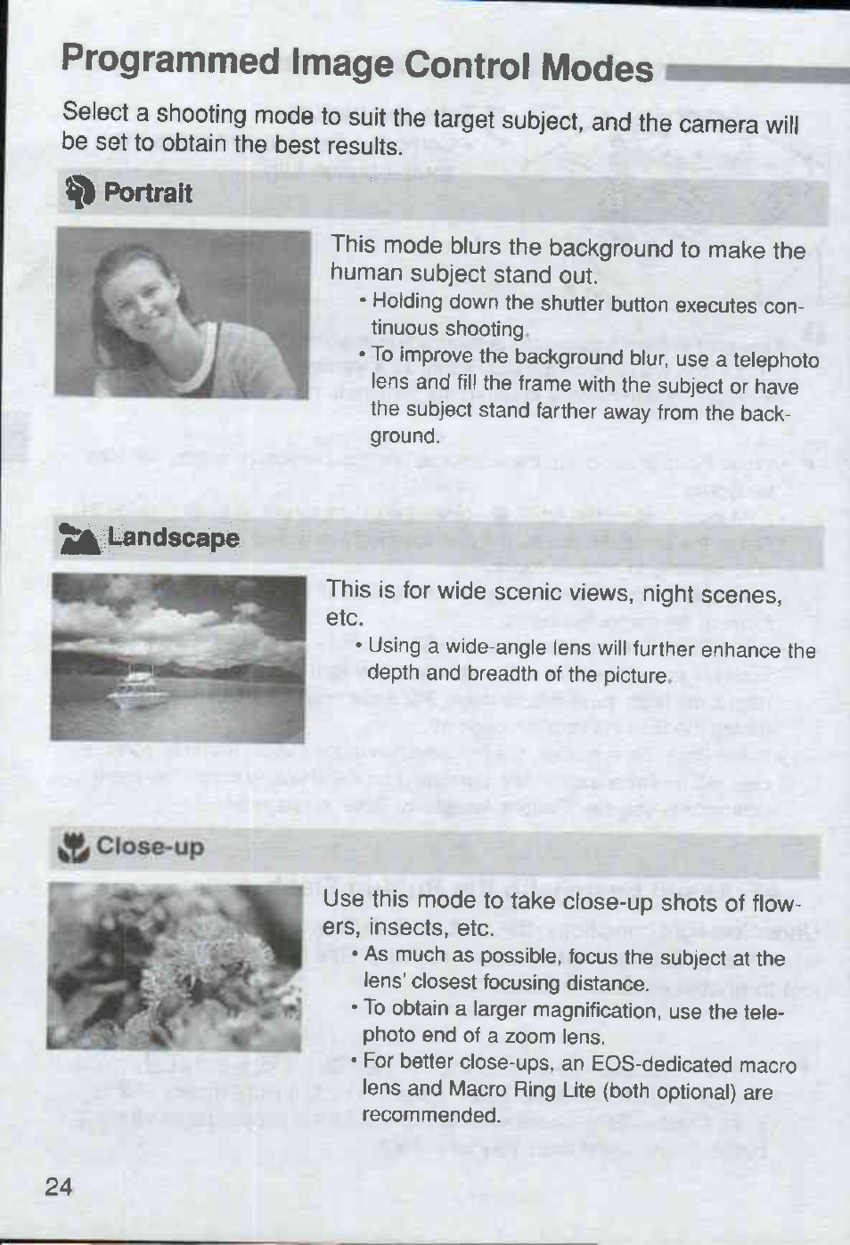 Programmed image control modes, Portrait, J|^ landscape | Canon Rebel Ti 300V User Manual | Page 24 / 60
