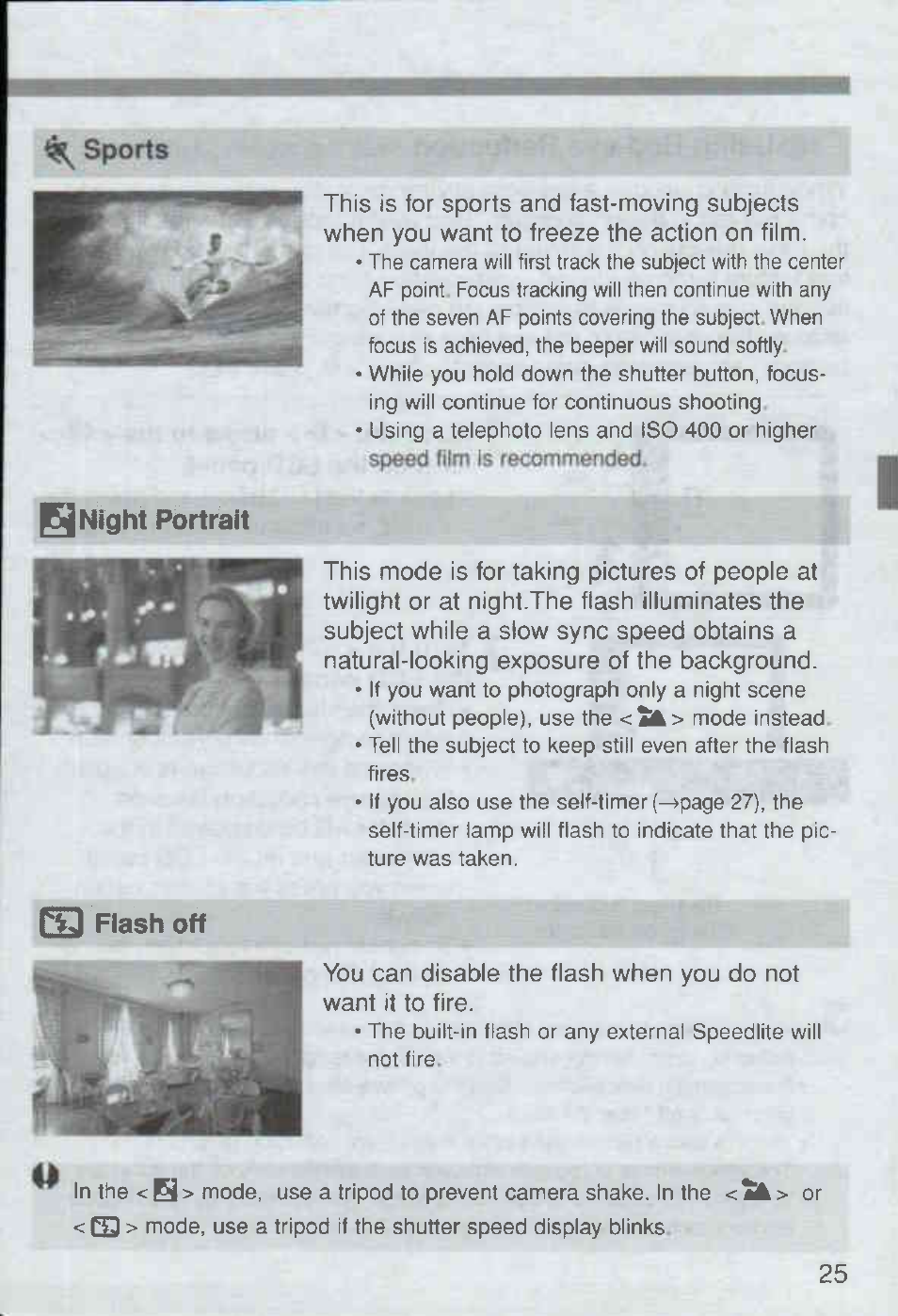 Sports, Q fiash off | Canon Rebel Ti 300V User Manual | Page 25 / 60