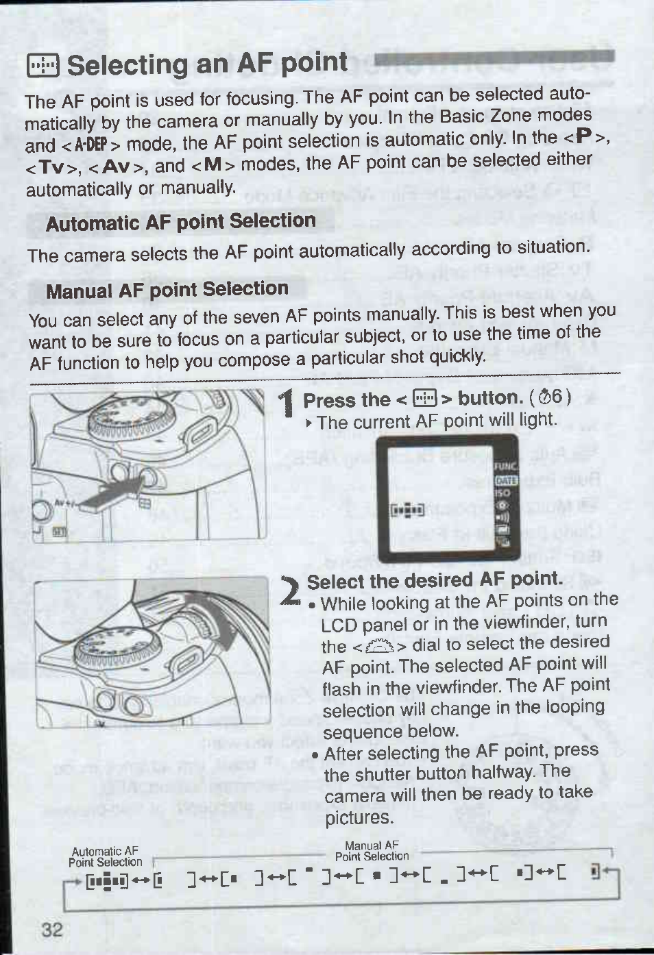 Automatic af point seiection, Select the desired af point, Selecting an af point | Canon Rebel Ti 300V User Manual | Page 32 / 60