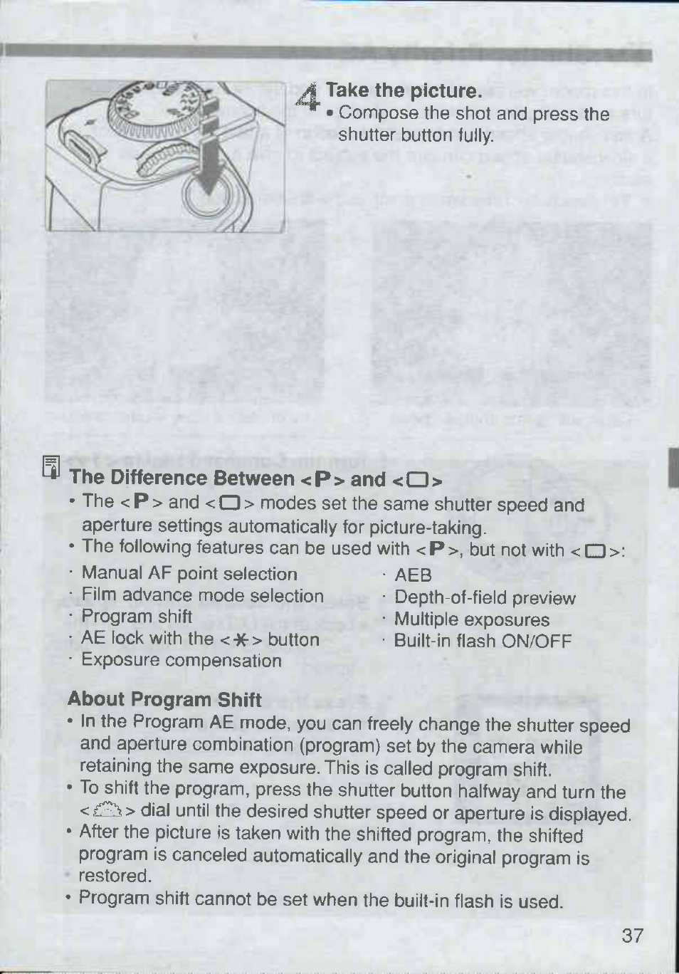 A take the picture, The difference between <p> and <0, About program shift | Canon Rebel Ti 300V User Manual | Page 37 / 60